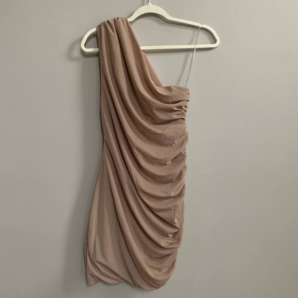 Revolve Misha One Shoulder Mini Dress Women's S Nude Cocktail Bodycon Mesh Y2K
